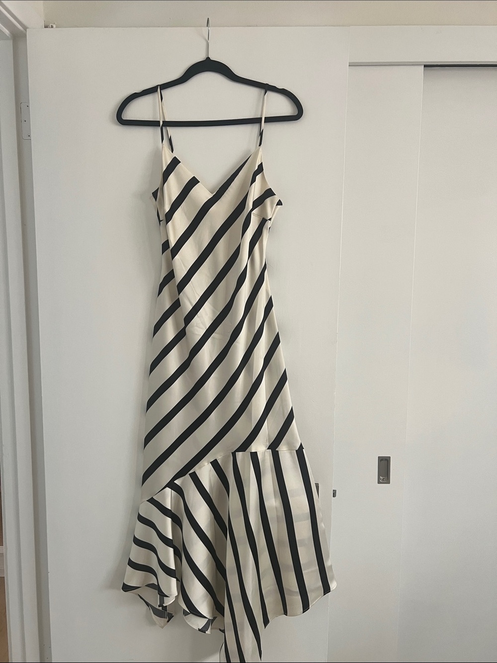 Steve Madden Black and Cream Diagonal-Strip Slip Dress